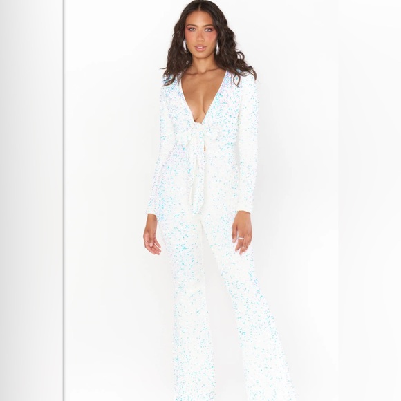 Show Me Your MuMu Pants - NWT- Show Me Your Mumu - Martina Wrap Jumpsuit- white sequin (NEVER WORN IN BOX)